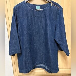 Martha Stewart woman’s blue denim jean top, 3/4 sleeve, gold zipper detail XXL